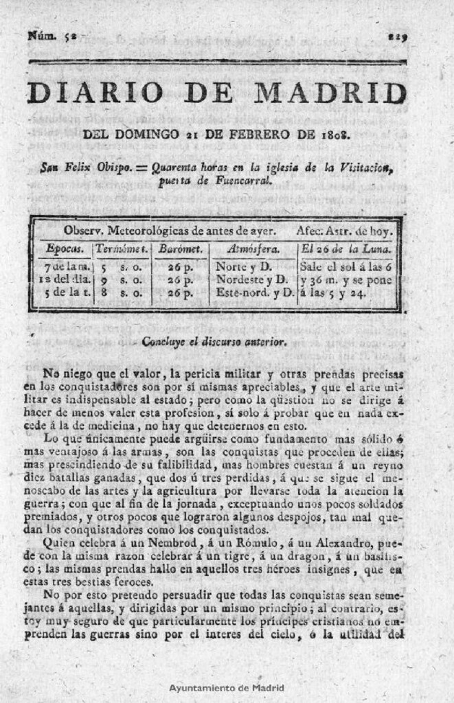 Miniatura de Diario de Madrid del domingo 21 de Febrero de 1808