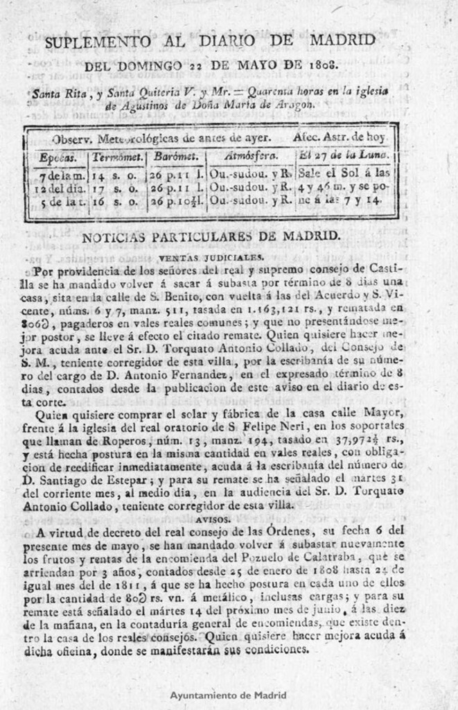 Miniatura de Diario de Madrid del domingo 22 de Mayo de 1808