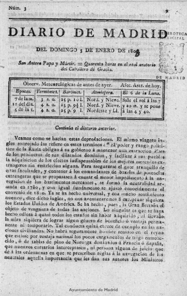 Miniatura de Diario de Madrid del domingo 3 de Enero de 1808