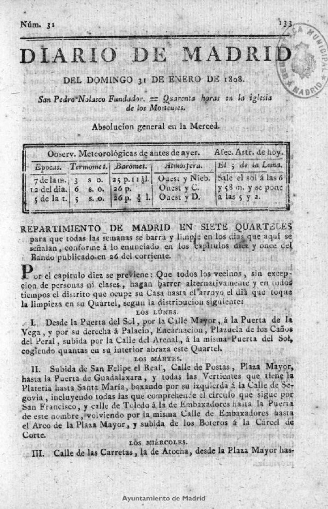 Miniatura de Diario de Madrid del domingo 31 de Enero de 1808