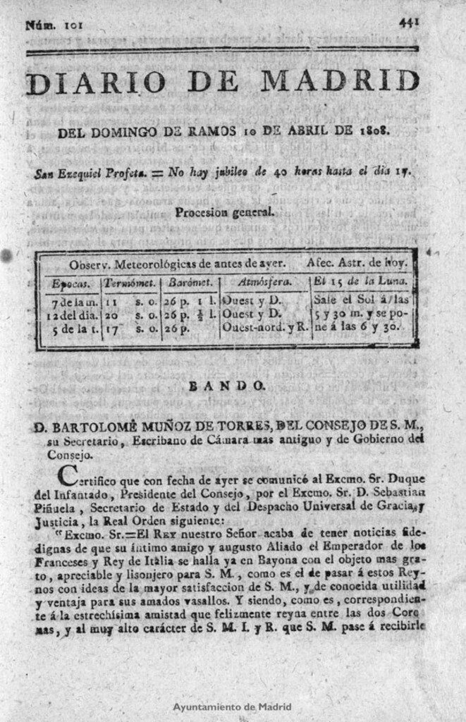 Miniatura de Diario de Madrid del domingo de Ramos 10 de Abril de 1808