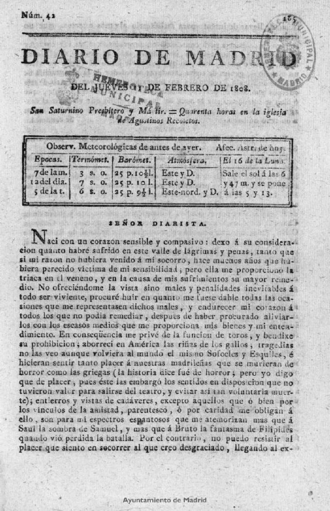 Miniatura de Diario de Madrid del jueves 11 de Febrero de 1808