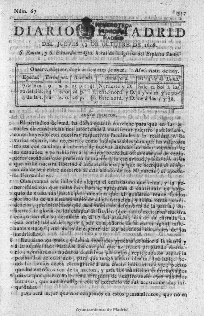Miniatura de Diario de Madrid del jueves 13 de Octubre de 1808