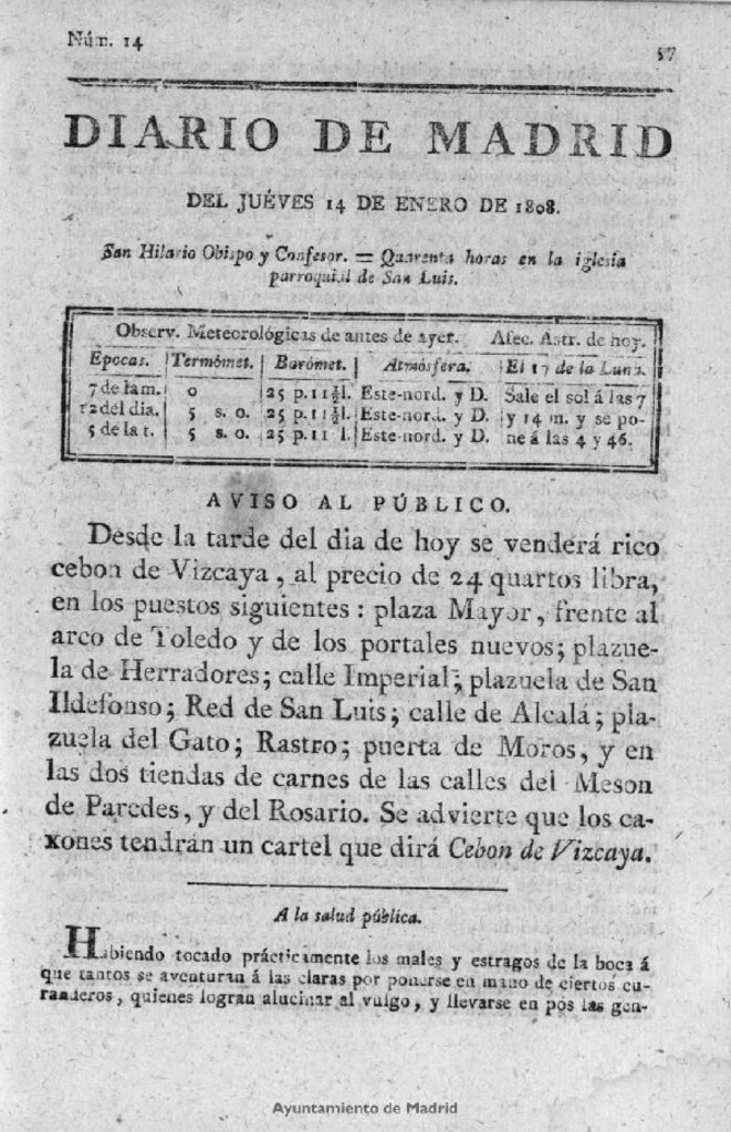 Miniatura de Diario de Madrid del jueves 14 de Enero de 1808