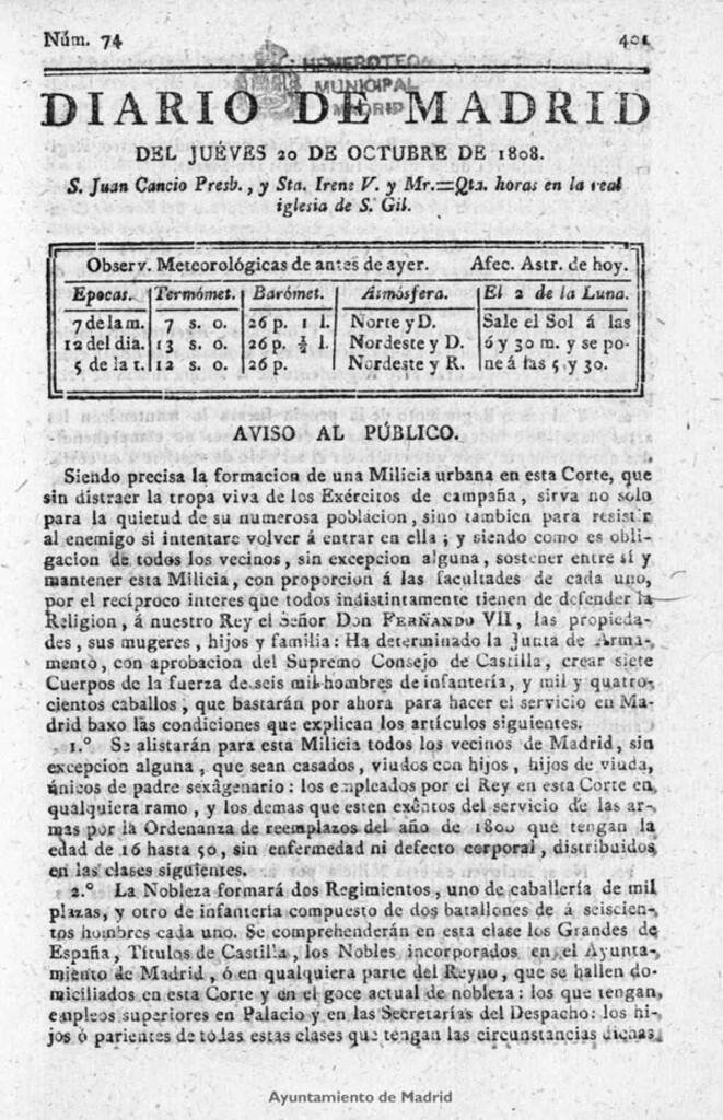 Miniatura de Diario de Madrid del jueves 20 de Octubre de 1808