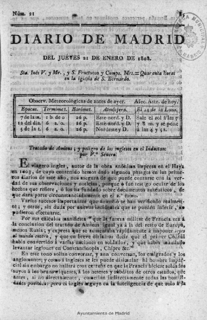 Miniatura de Diario de Madrid del jueves 21 de Enero de 1808