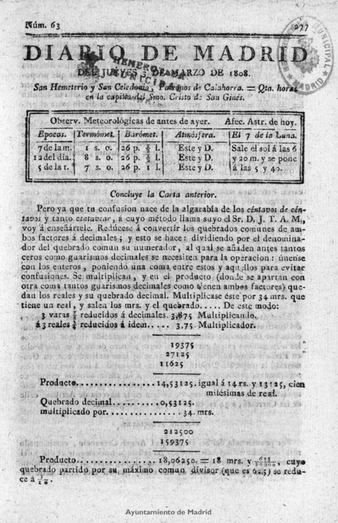 Miniatura de Diario de Madrid del jueves 3 de Marzo de 1808