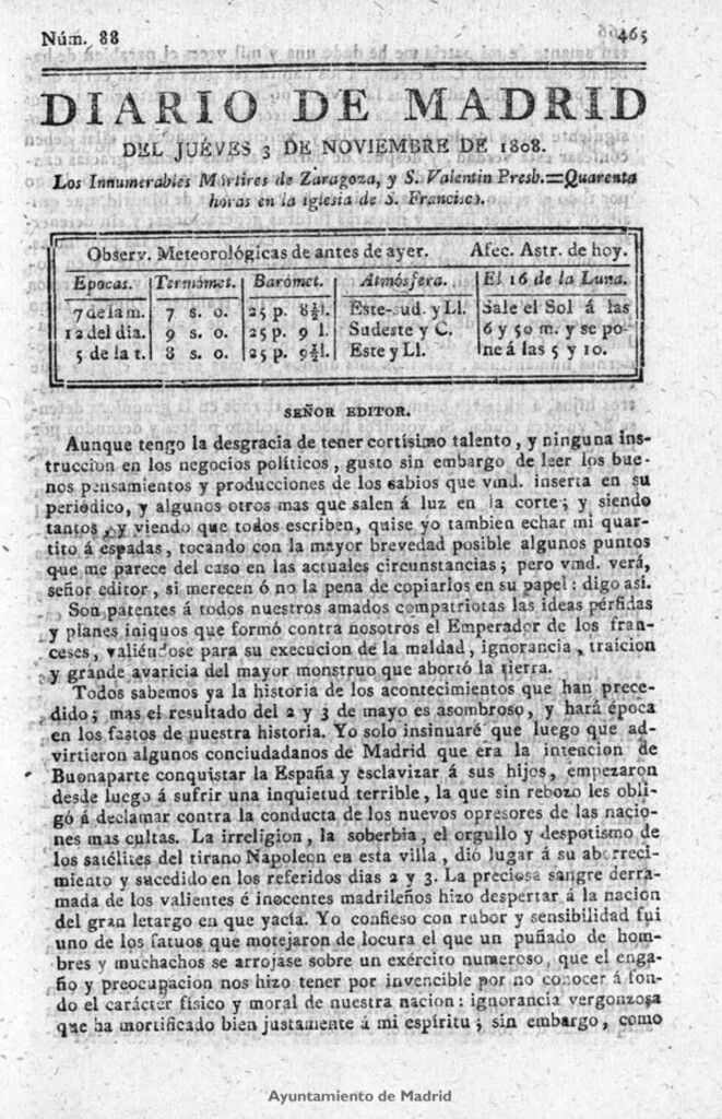Miniatura de Diario de Madrid del jueves 3 de Noviembre de 1808