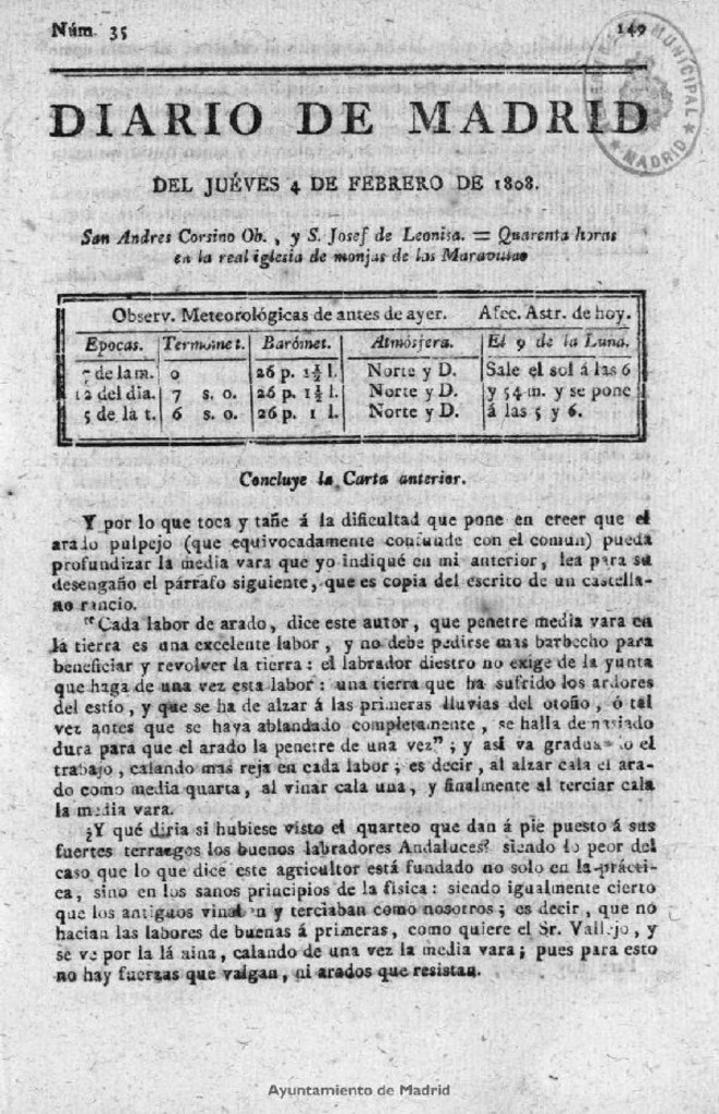 Miniatura de Diario de Madrid del jueves 4 de Febrero de 1808