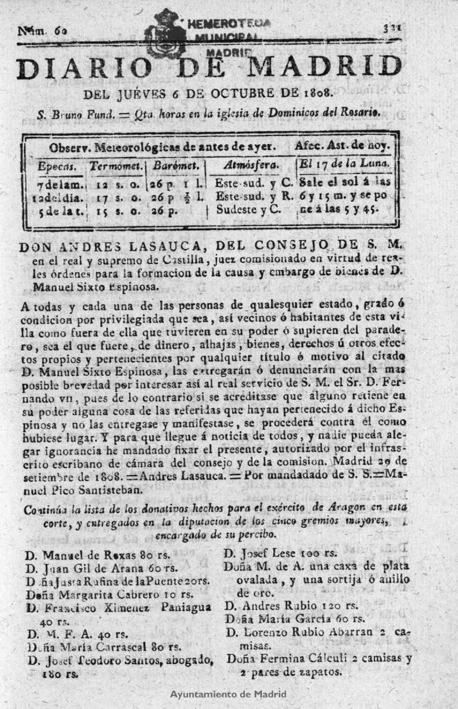Miniatura de Diario de Madrid del jueves 6 de Octubre de 1808