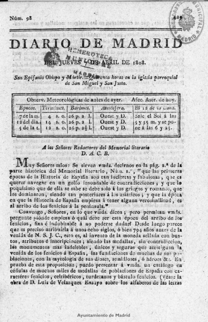 Miniatura de Diario de Madrid del jueves 7 de Abril de 1808