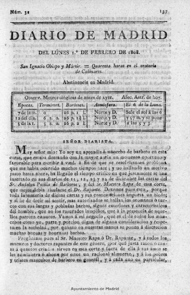 Miniatura de Diario de Madrid del lunes 1 de Febrero de 1808