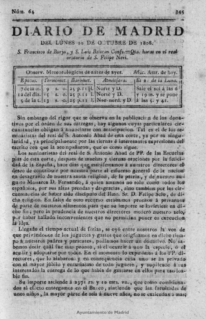 Miniatura de Diario de Madrid del lunes 10 de Octubre de 1808