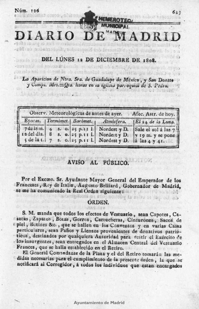 Miniatura de Diario de Madrid del lunes 12 de Diciembre de 1808