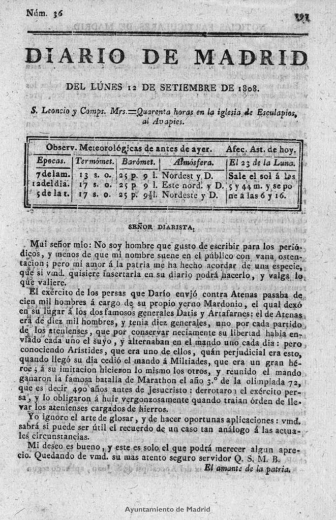 Miniatura de Diario de Madrid del lunes 12 de Septiembre de 1808