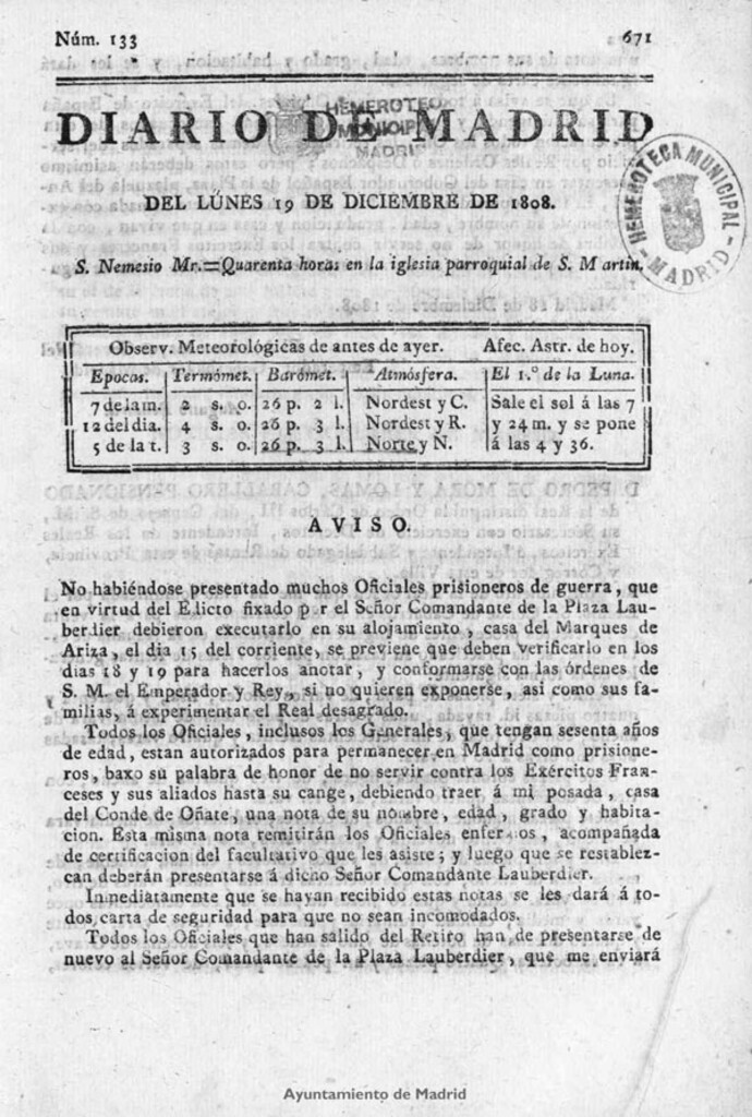 Miniatura de Diario de Madrid del lunes 19 de Diciembre de 1808