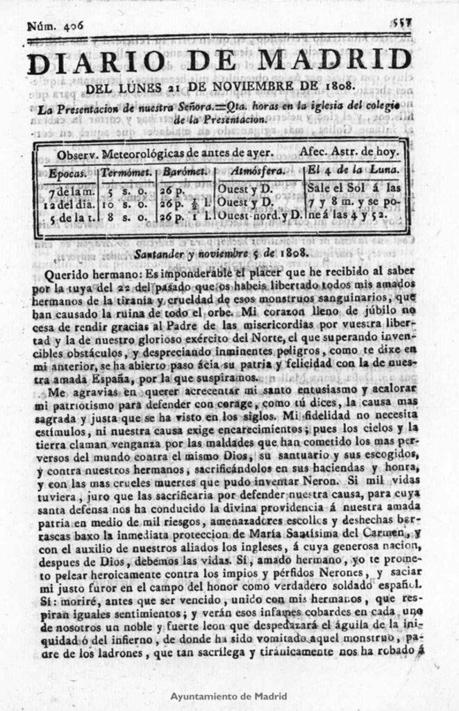 Miniatura de Diario de Madrid del lunes 21 de Noviembre de 1808