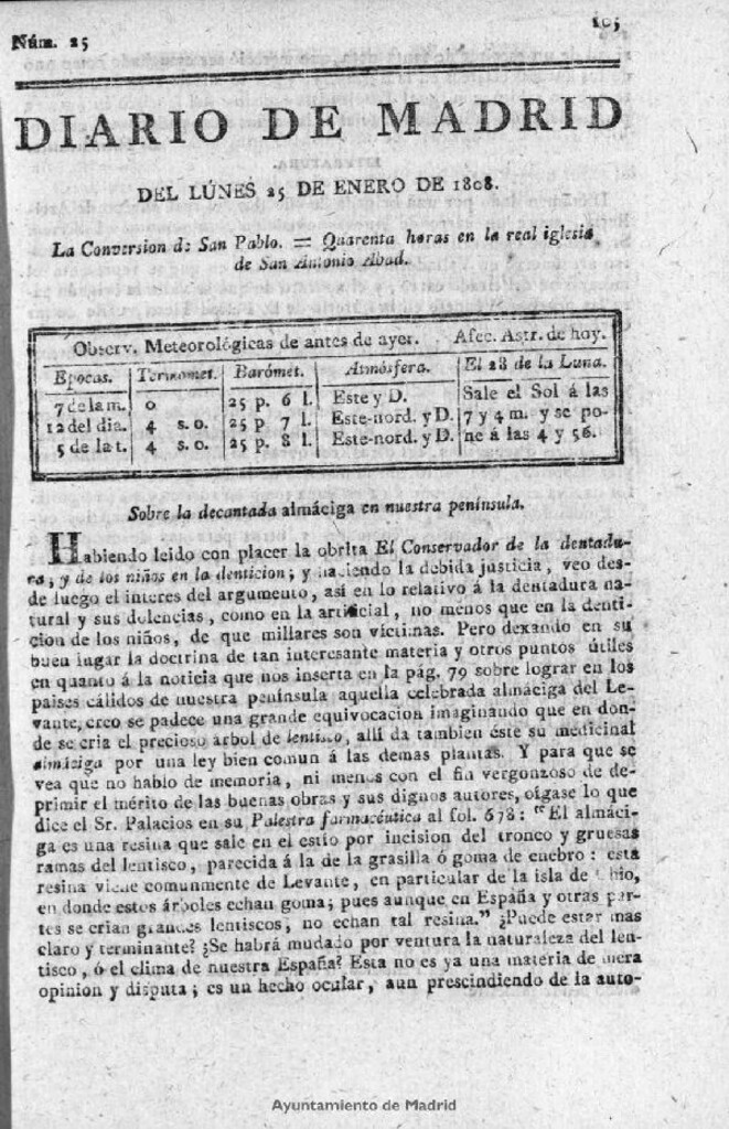 Miniatura de Diario de Madrid del lunes 25 de Enero de 1808