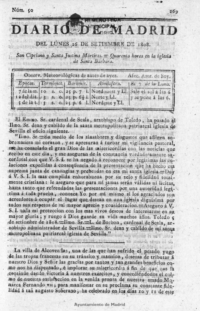 Miniatura de Diario de Madrid del lunes 26 de Septiembre de 1808