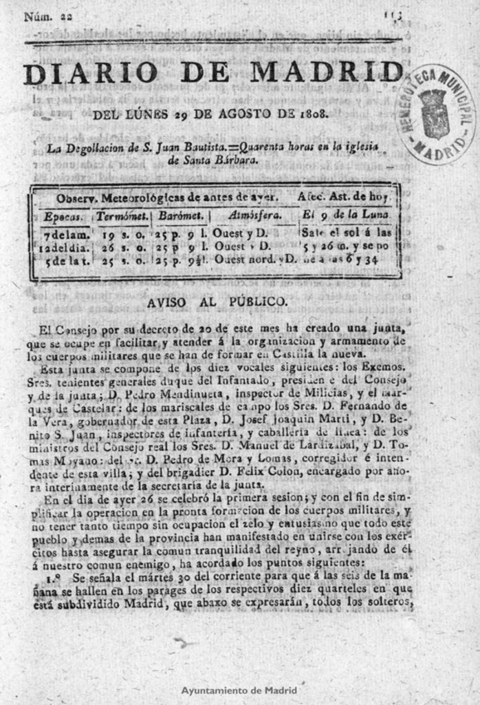 Miniatura de Diario de Madrid del lunes 29 de Agosto de 1808