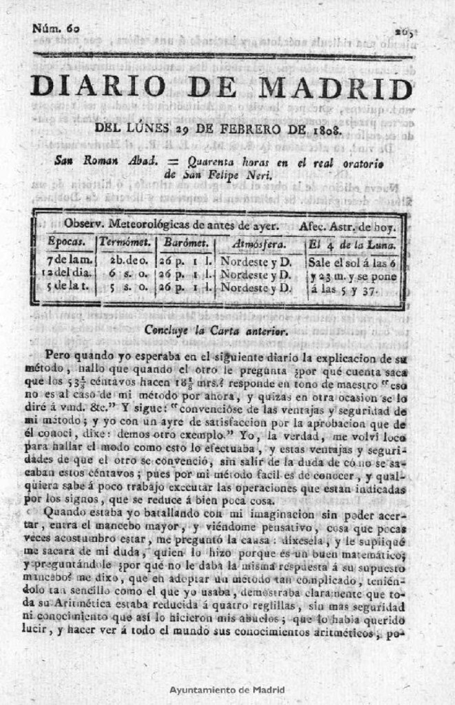 Miniatura de Diario de Madrid del lunes 29 de Febrero de 1808