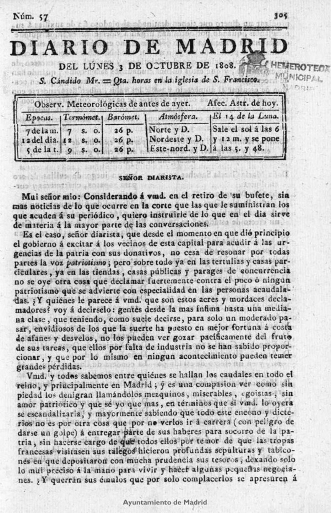 Miniatura de Diario de Madrid del lunes 3 de Octubre de 1808