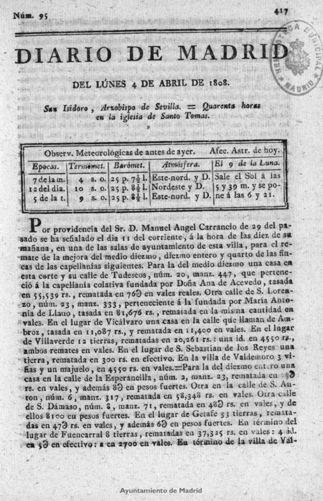 Miniatura de Diario de Madrid del lunes 4 de Abril de 1808