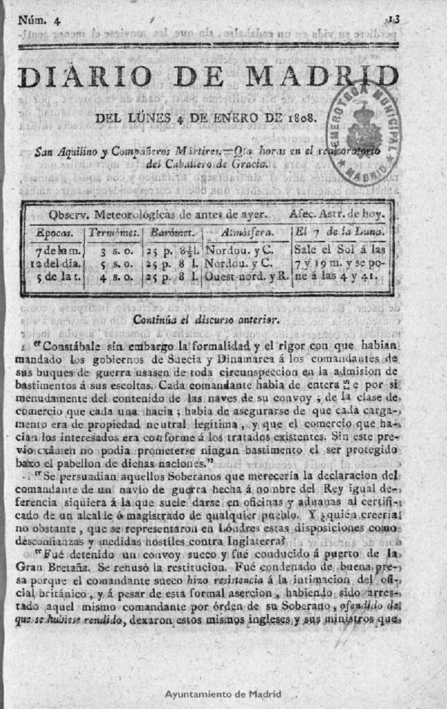 Miniatura de Diario de Madrid del lunes 4 de Enero de 1808