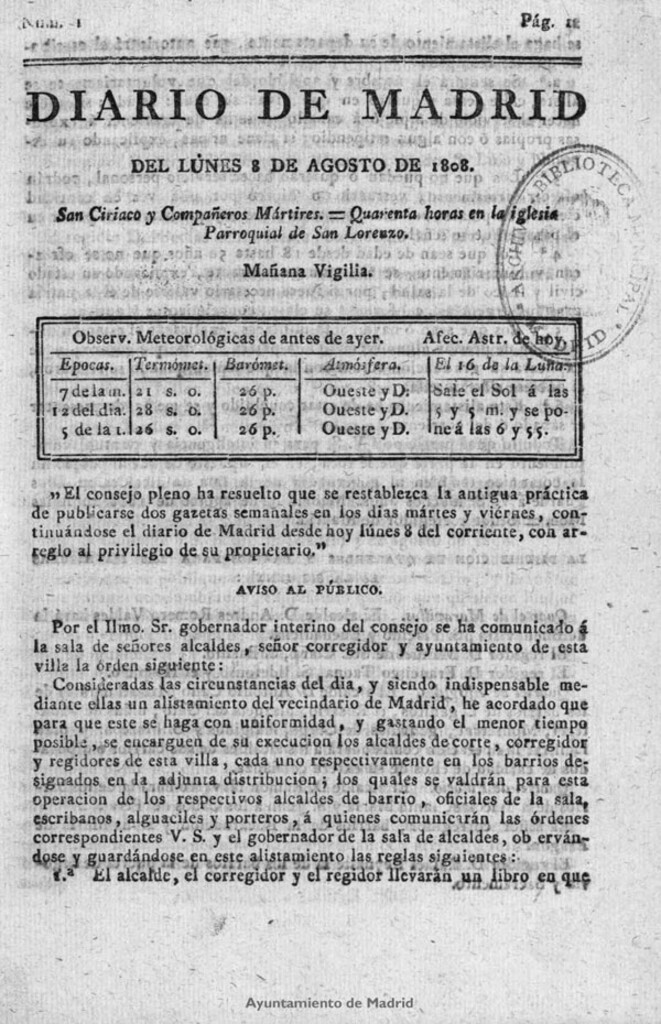 Miniatura de Diario de Madrid del lunes 8 de Agosto de 1808