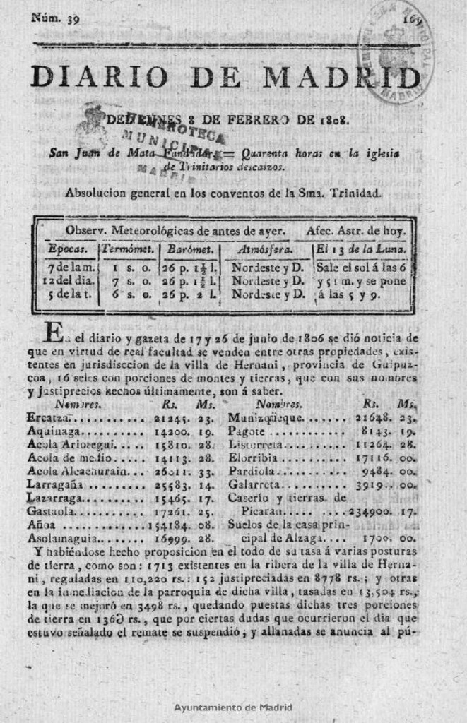 Miniatura de Diario de Madrid del lunes 8 de Febrero de 1808