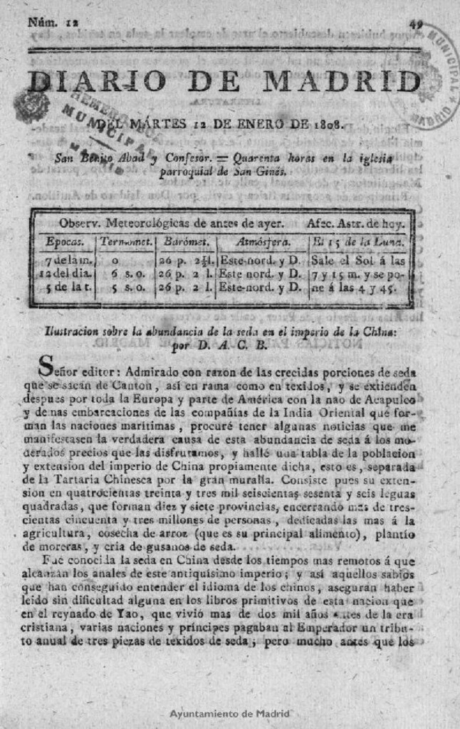 Miniatura de Diario de Madrid del martes 12 de Enero de 1808