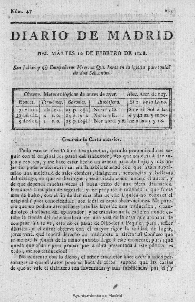 Miniatura de Diario de Madrid del martes 16 de Febrero de 1808