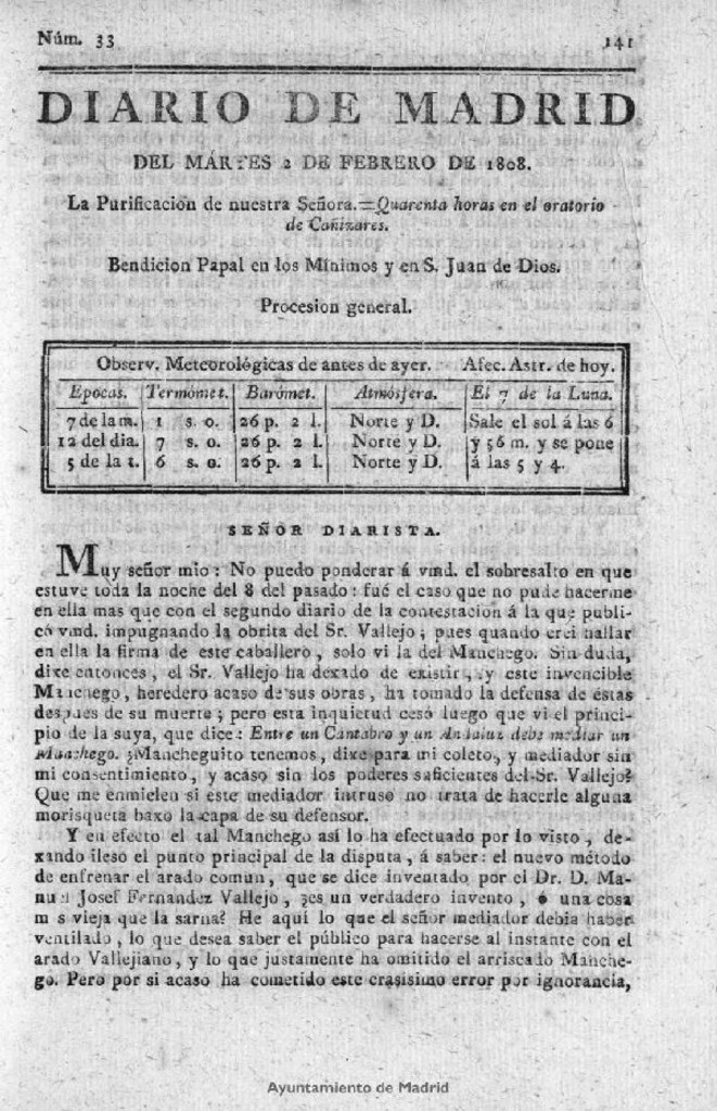 Miniatura de Diario de Madrid del martes 2 de Febrero de 1808