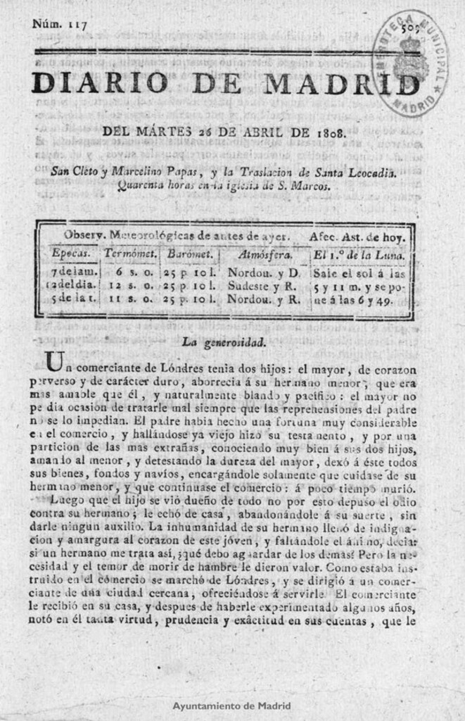 Miniatura de Diario de Madrid del martes 26 de Abril de 1808