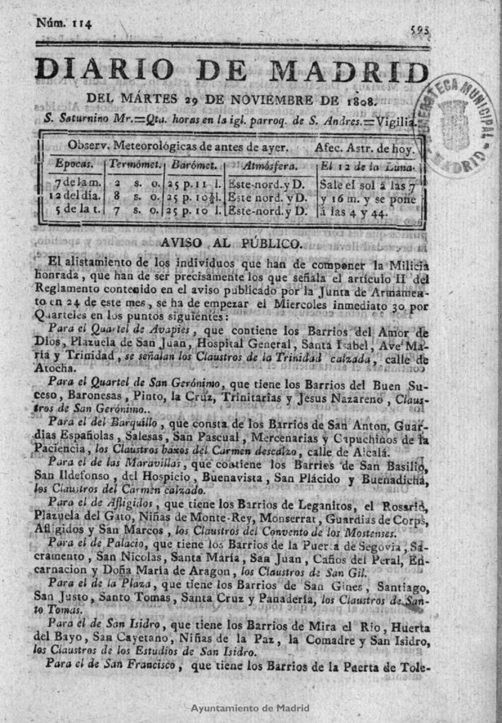 Miniatura de Diario de Madrid del martes 29 de Noviembre de 1808