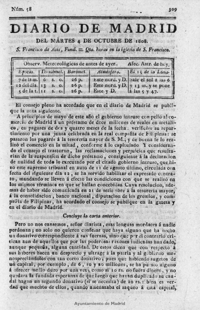 Miniatura de Diario de Madrid del martes 4 de Octubre de 1808