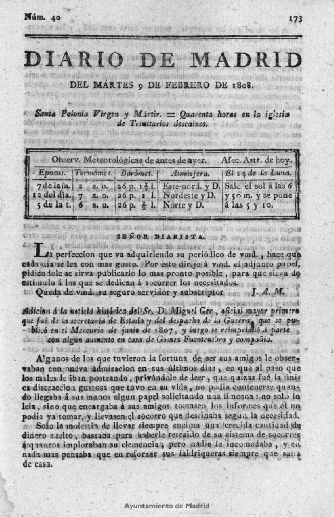 Miniatura de Diario de Madrid del martes 9 de Febrero de 1808