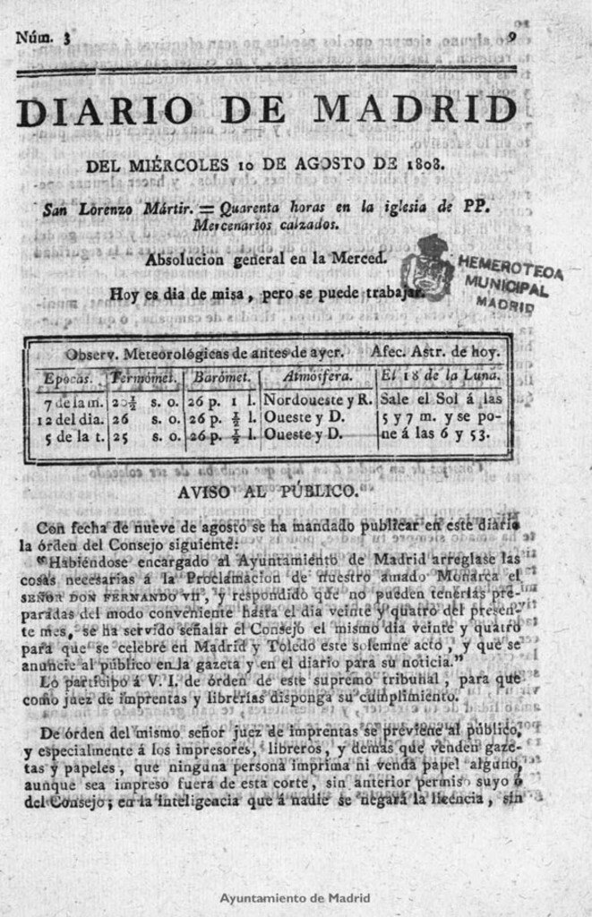 Miniatura de Diario de Madrid del miércoles 10 de Agosto de 1808