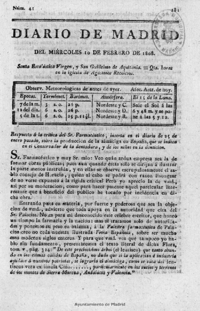 Miniatura de Diario de Madrid del miércoles 10 de Febrero de 1808