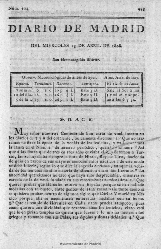 Miniatura de Diario de Madrid del miércoles 13 de Abril de 1808