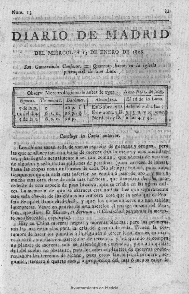 Miniatura de Diario de Madrid del miércoles 13 de Enero de 1808