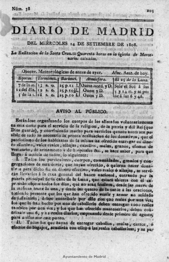 Miniatura de Diario de Madrid del miércoles 14 de Septiembre de 1808
