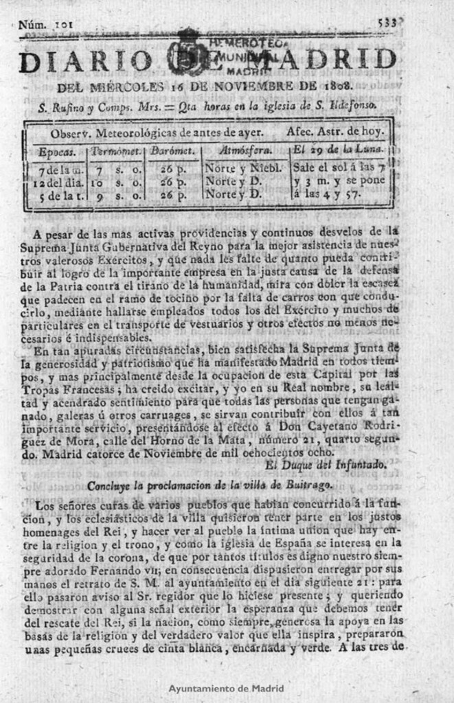 Miniatura de Diario de Madrid del miércoles 16 de Noviembre de 1808