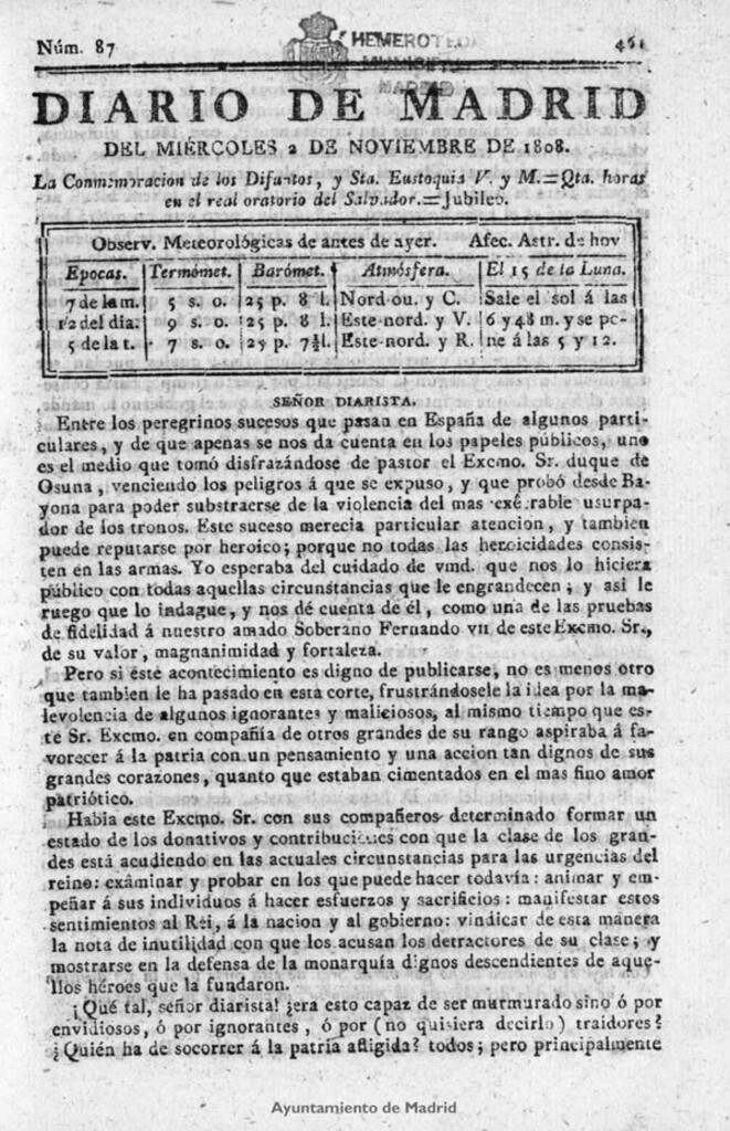 Miniatura de Diario de Madrid del miércoles 2 de Noviembre de 1808