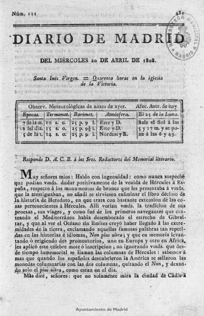 Miniatura de Diario de Madrid del miércoles 20 de Abril de 1808