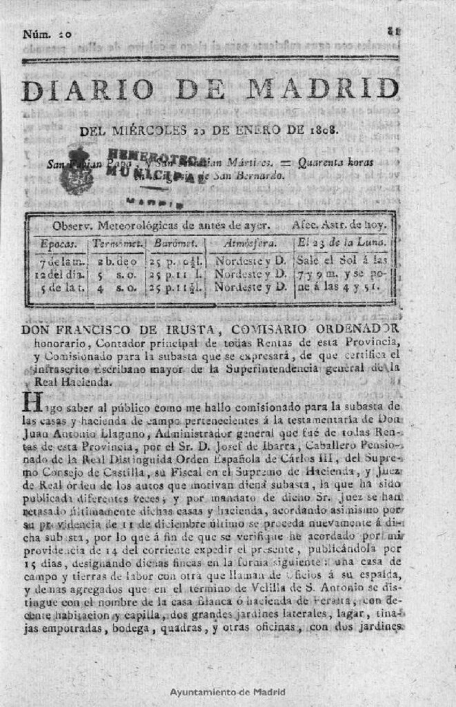 Miniatura de Diario de Madrid del miércoles 20 de Enero de 1808