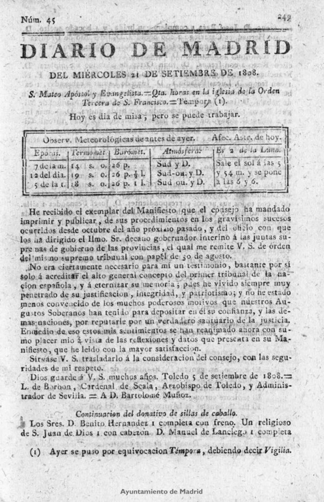 Miniatura de Diario de Madrid del miércoles 21 de Septiembre de 1808