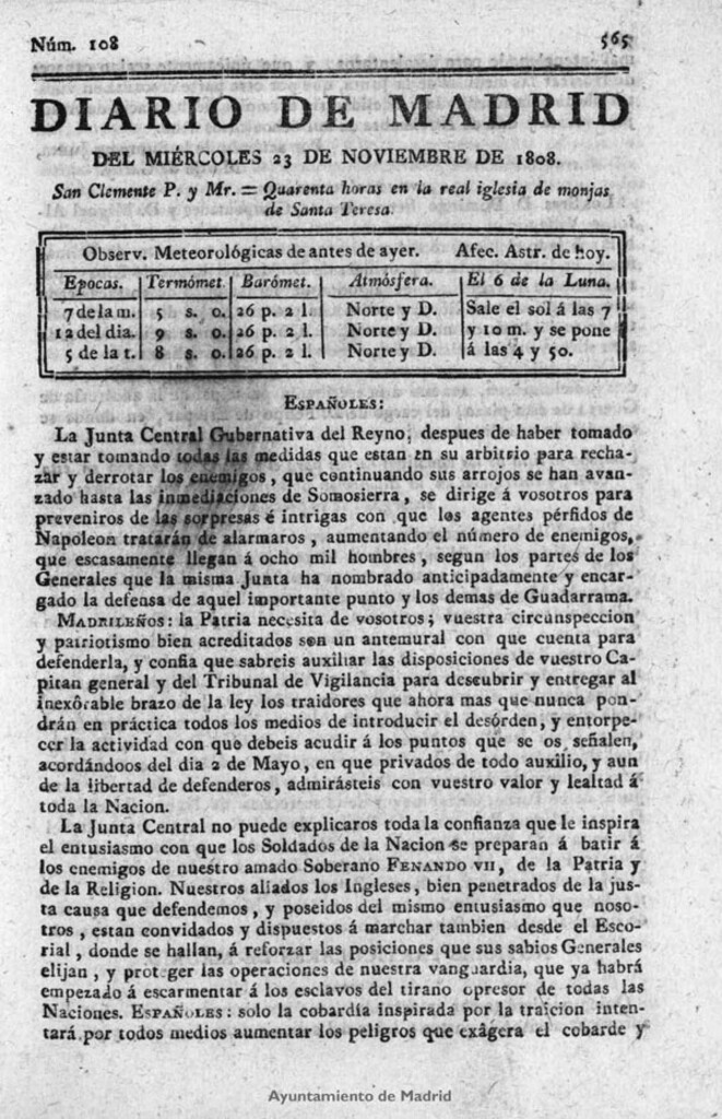 Miniatura de Diario de Madrid del miércoles 23 de Noviembre de 1808