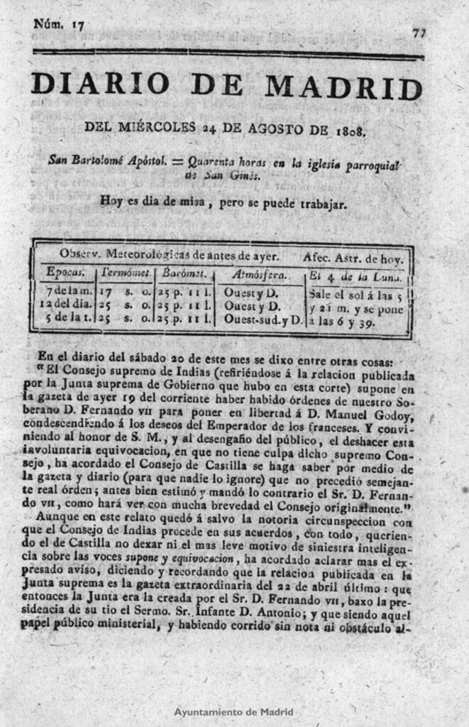 Miniatura de Diario de Madrid del miércoles 24 de Agosto de 1808