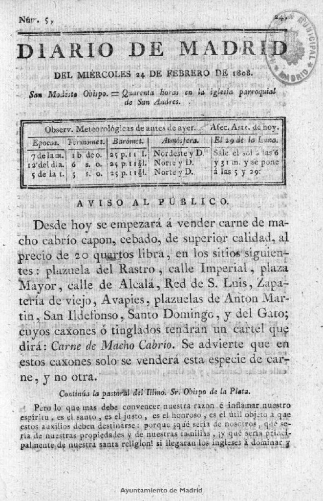 Miniatura de Diario de Madrid del miércoles 24 de Febrero de 1808